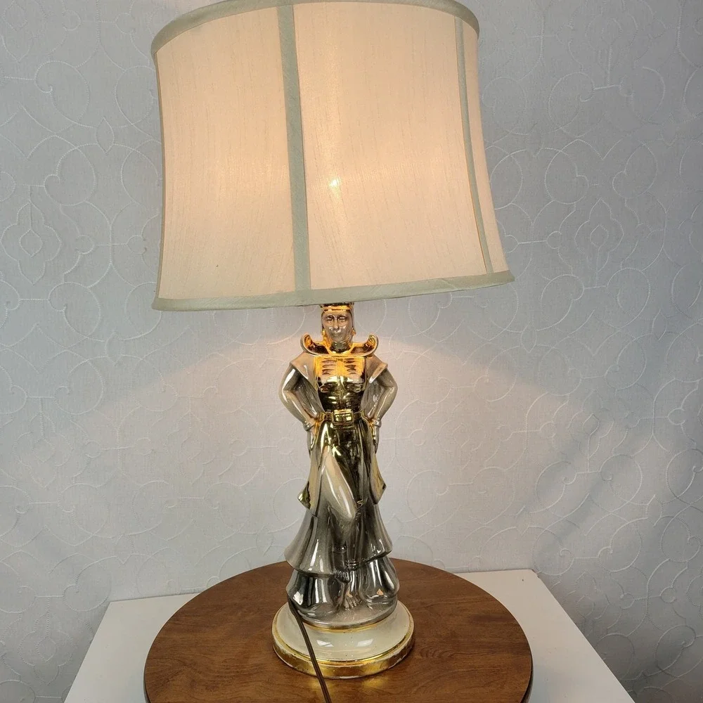 Vintage Figural Lamp Female Soldier Silk Shade Hollywood Regency Jim Mont Style